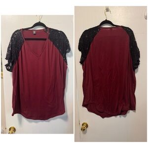 Women's Burgundy Lace Sleeve Top